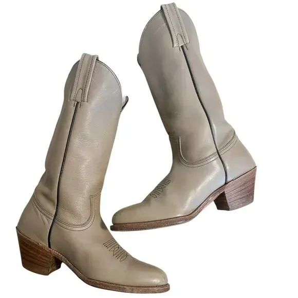 Frye Vintage Taupe Tan Leather Almond Toe Mid Calf Cowgirl Boots 9.5 - Picture 9 of 11